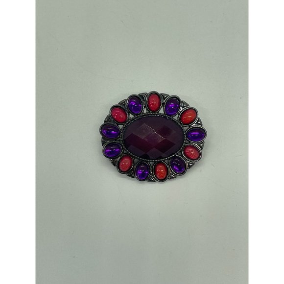 Vintage Signed FAF Silver Tone Pink Purple Rhinestone Oval Brooch - Picture 1 of 6